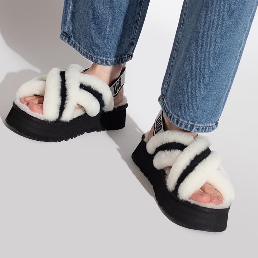 UGG Black and White Fluffy Sandals